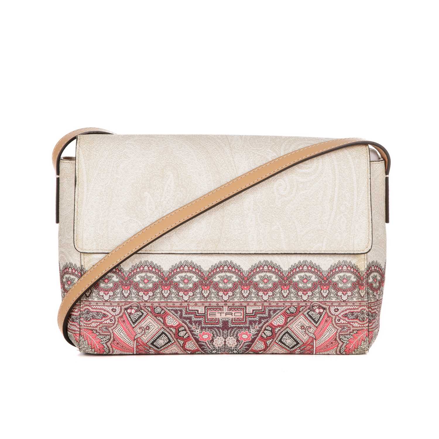 Etro, a coated canvas crossbody handbag, featuring a subtle paisley pattern to the cream exterior
