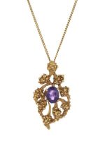 Cropp & Farr, a 1970s 9ct gold amethyst brutalist pendant, with chain