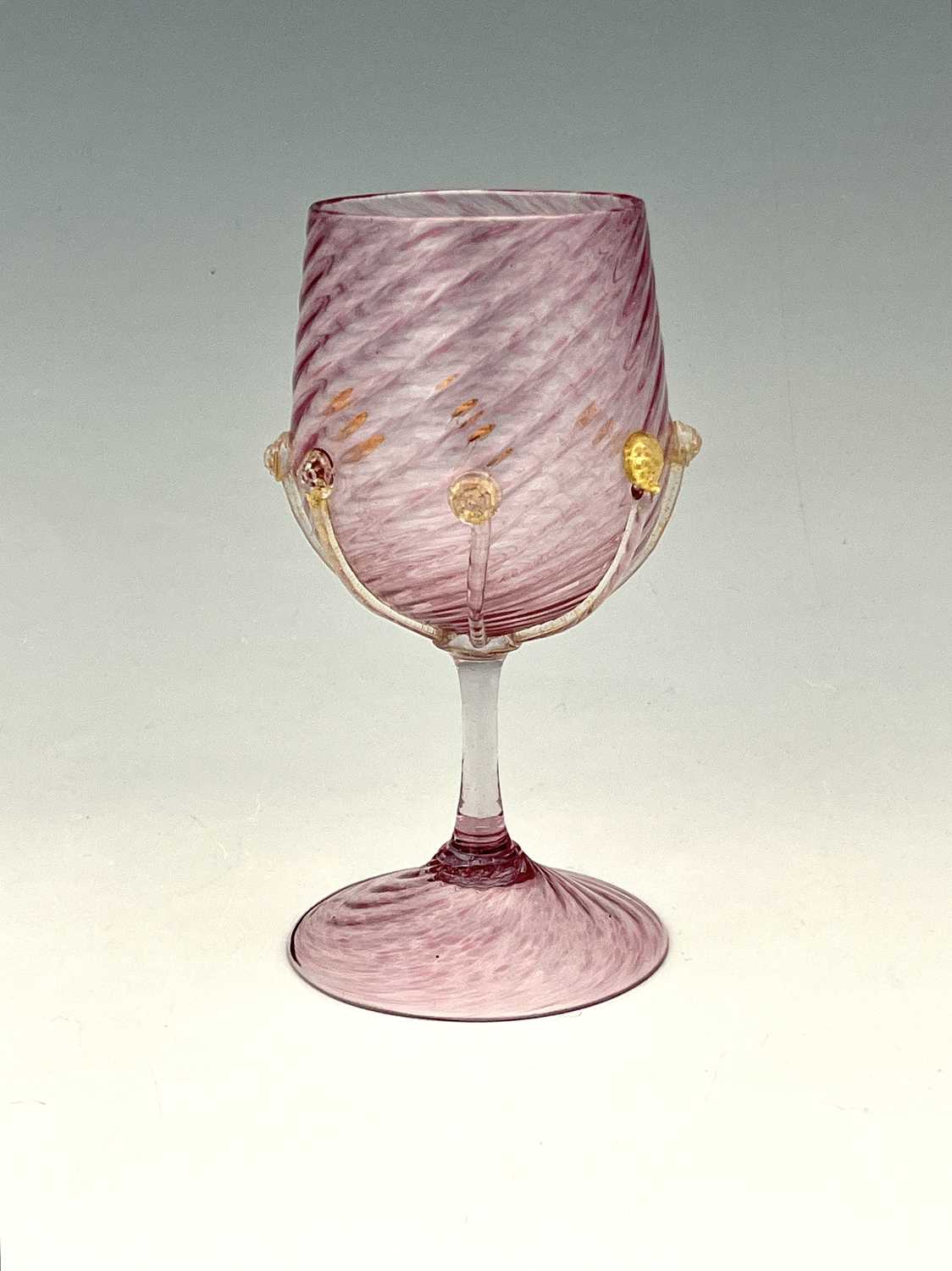 Antonio Salviati, a Venetian Murano glass goblet, pink mottled wrythen moulded with applied - Image 2 of 2