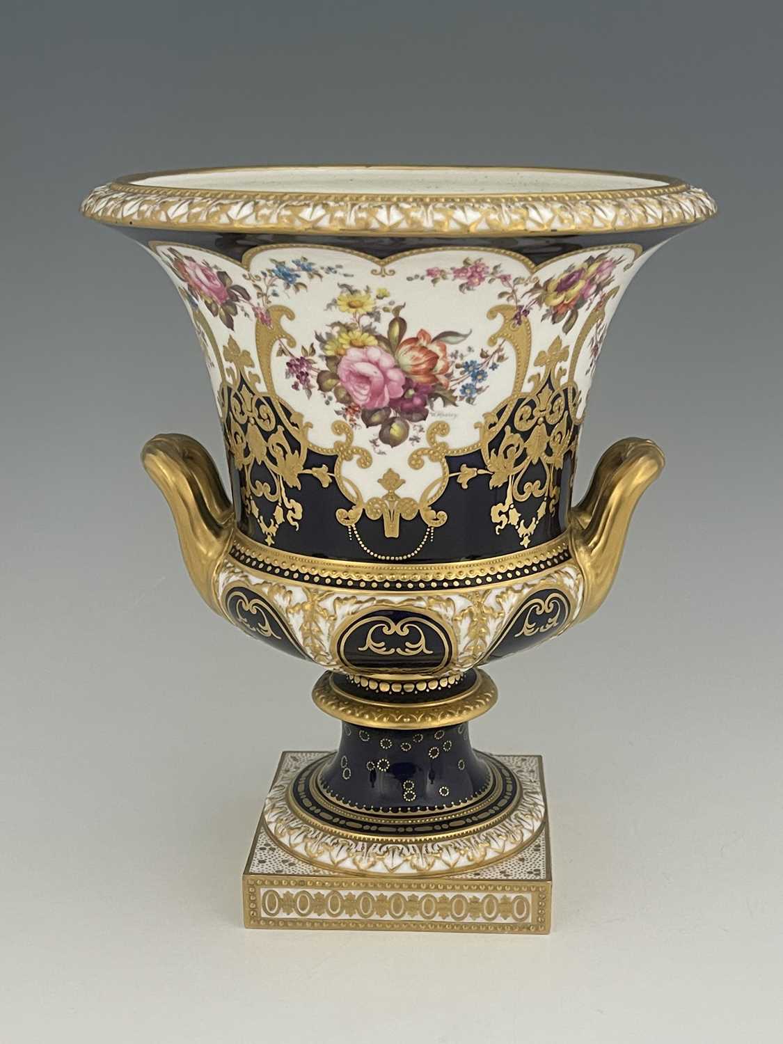 W Mosley for Royal Crown Derby, a floral painted twin handled Campana Urn, 1903, decorated with a - Image 3 of 8