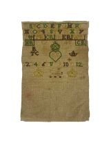 An 18th century George II sampler, dated 1748, embroidered in white, yellow, green and purple with