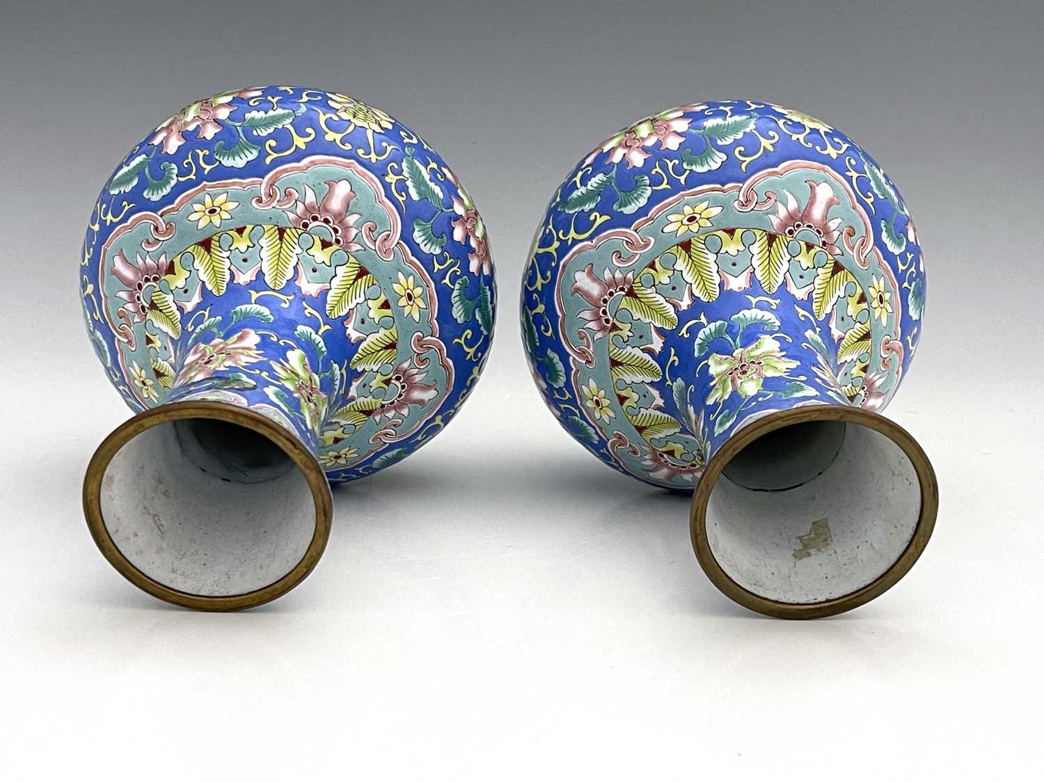 A pair of Chinese famille rose enamelled metal vases, footed baluster form, painted in the - Image 4 of 5