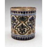 Edith Lupton for Doulton Lambeth, a stoneware vase, 1880, cylindrical brush pot form with silver