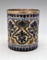 Edith Lupton for Doulton Lambeth, a stoneware vase, 1880, cylindrical brush pot form with silver