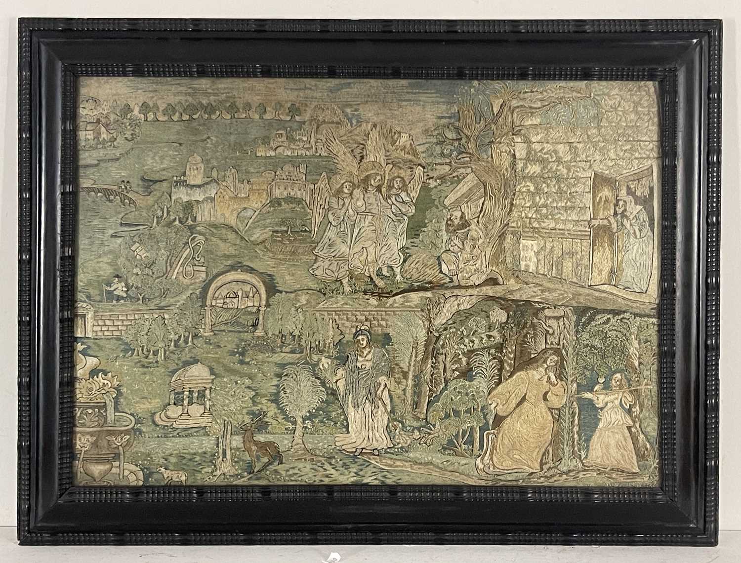 A large stumpwork embroidered panel, probably 17th or 18th century, decorated with an extensive - Image 2 of 3