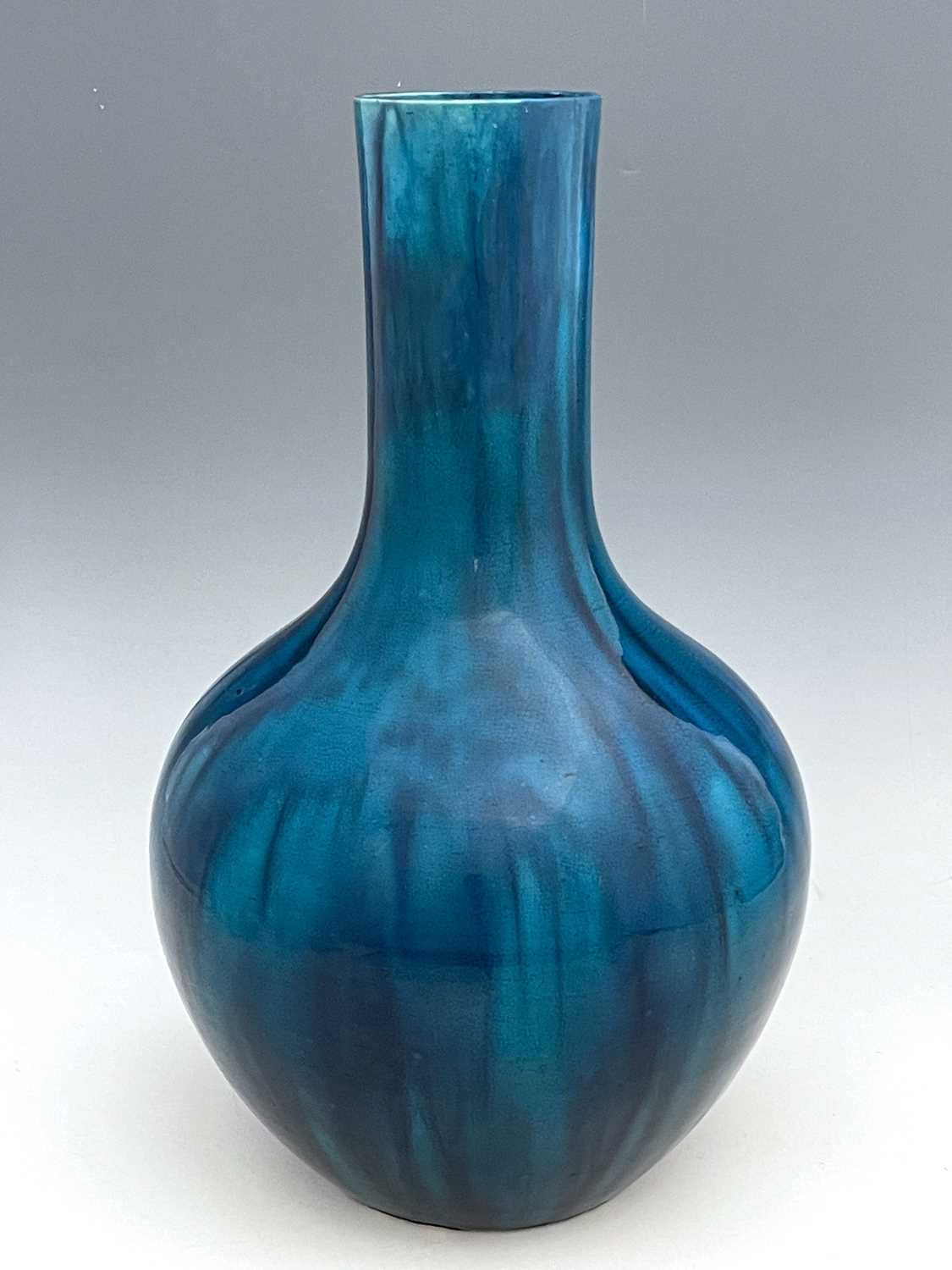 A large Chinese monochrome vase, bulbous form with cylindrical neck, streaky turquoise glaze, 43cm - Image 5 of 9