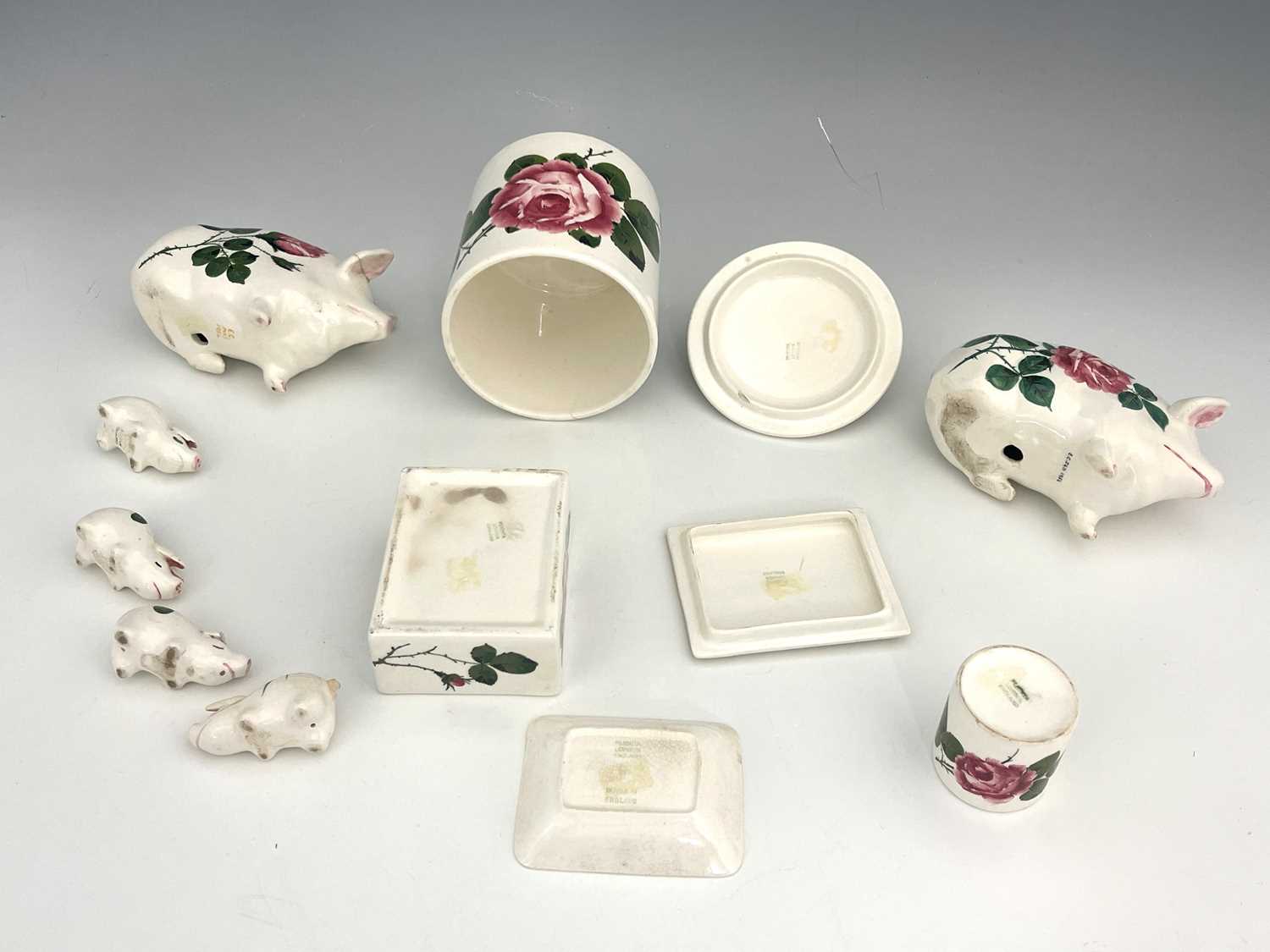 A collection of Wemyss Plicta ware, including two pig money boxes painted with cabbage roses, four - Image 2 of 2