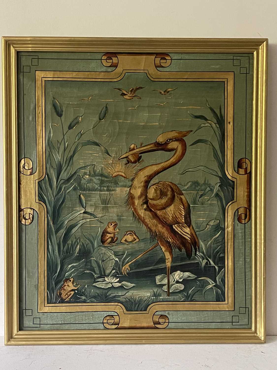 Circle of Walter Crane, circa 1880, a stork standing amongst waterlilies with frogs in the Aesthetic - Image 2 of 2