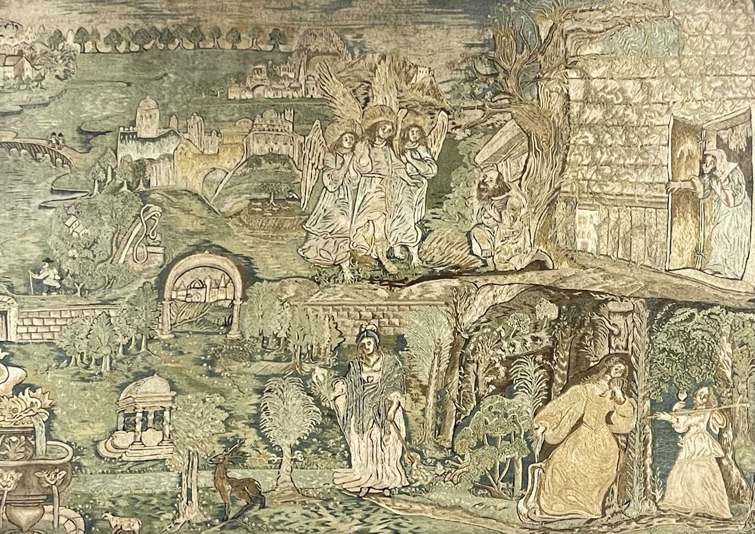 A large stumpwork embroidered panel, probably 17th or 18th century, decorated with an extensive