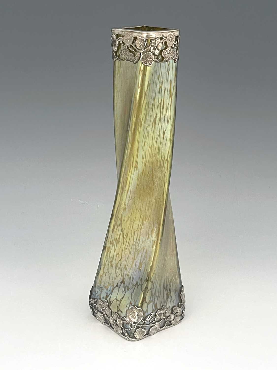 Loetz, a Secessionist iridescent glass and silver plate mounted Candia Papillon vase, twisted square