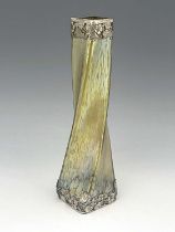 Loetz, a Secessionist iridescent glass and silver plate mounted Candia Papillon vase, twisted square