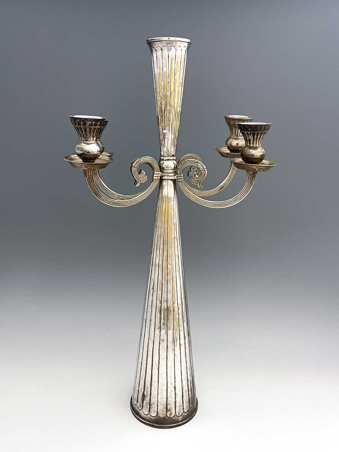 A large Jugendstil silver plated four arm candelabrum, circa 1925, conical form with embossed reeded - Image 4 of 4