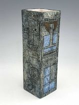 Linda Taylor for Troika, an art pottery cuboid vase, square section, textured and incised to each