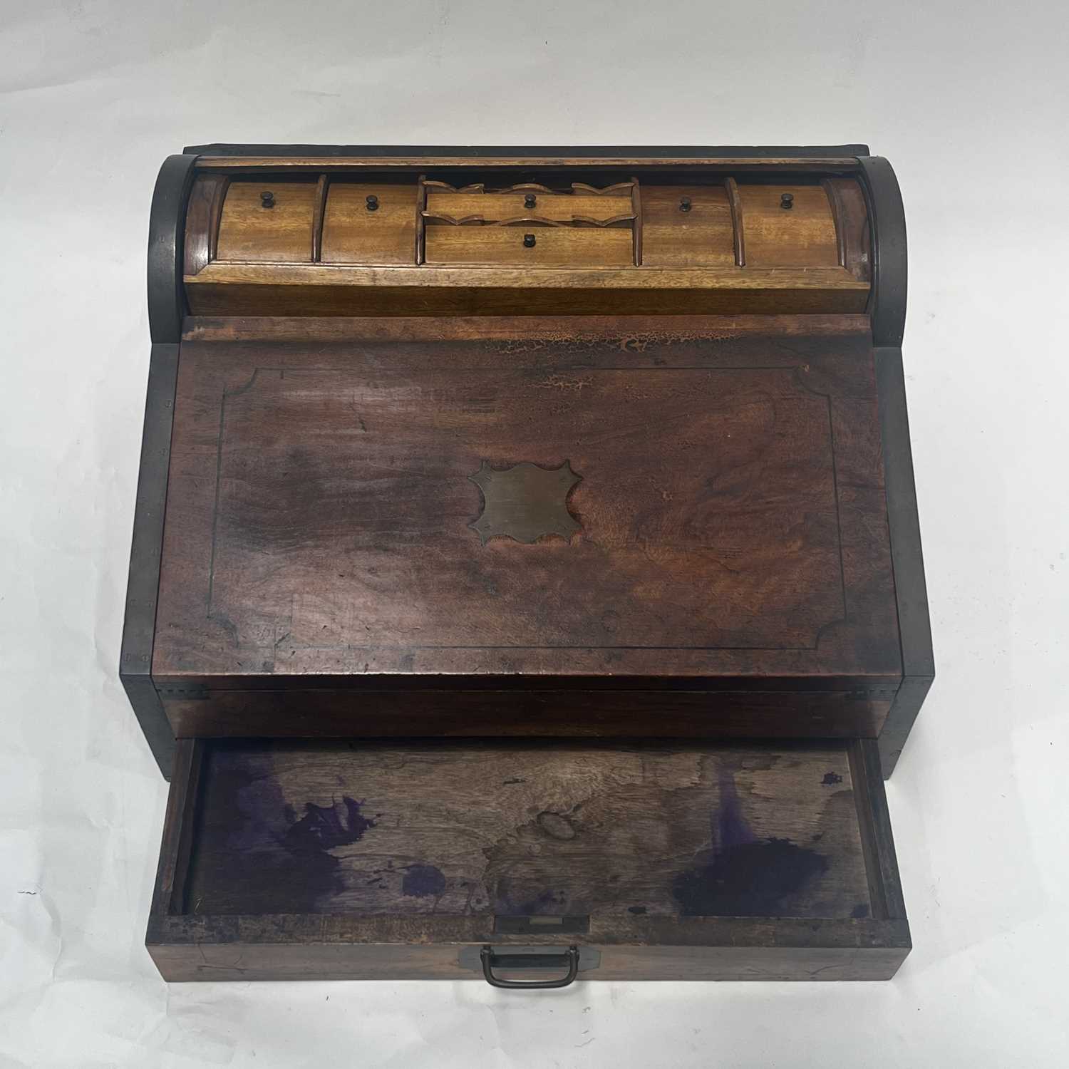 A 19th Century mahogany and brass banded metamorphic companion writing slope/secretaire, the tambour - Image 4 of 4