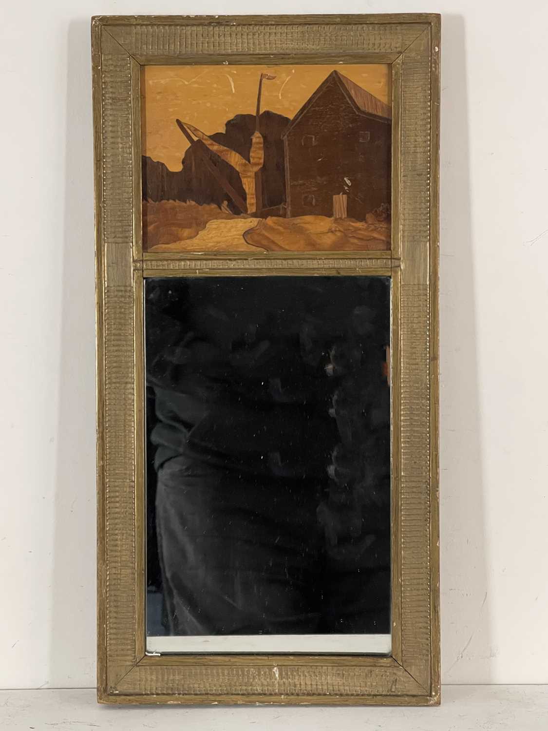 A Rowley Gallery Arts & Crafts pier mirror, the top panel with a specimen marquetry mill scene, gilt - Image 2 of 3