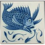 William De Morgan, an Arts and Crafts blue and white tile, circa 1880, painted with a large