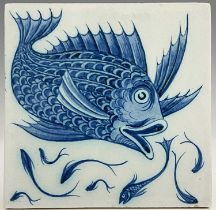 William De Morgan, an Arts and Crafts blue and white tile, circa 1880, painted with a large