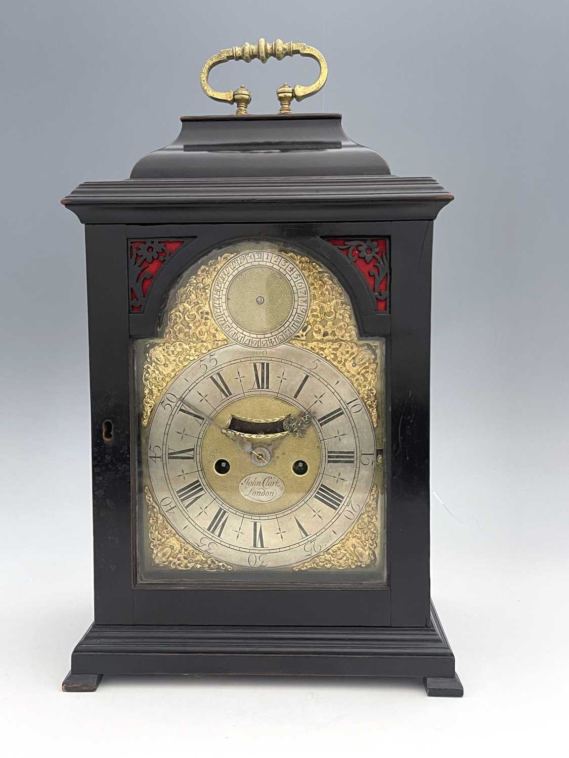 John Clark, London, a George II ebonised bracket clock, caddy top with a brass swing handle, - Image 2 of 7