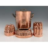 Kitchenalia, four Victorian copper jelly moulds by Benham & Froud, Nos.531, 295, 615, and 331, orb