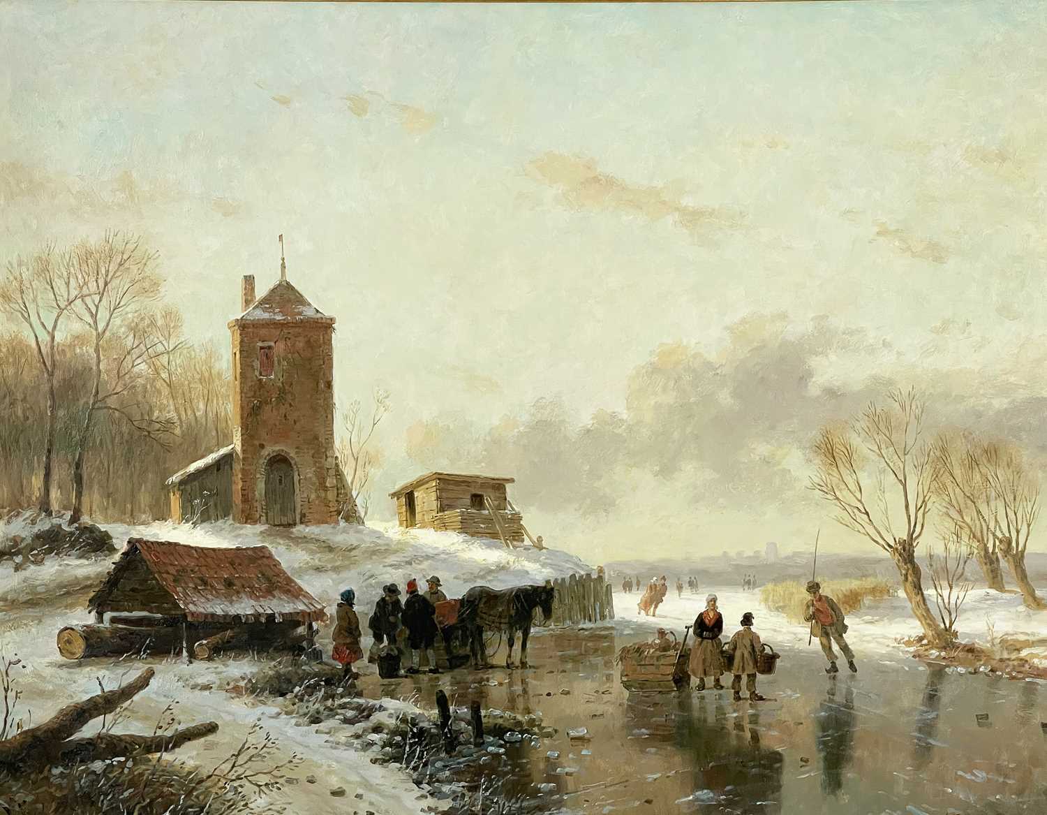 A. De Groote (Dutch, 1892-1947), Busy Winter Scene, signed l.r., oil on panel, 70 by 90cm, gilt