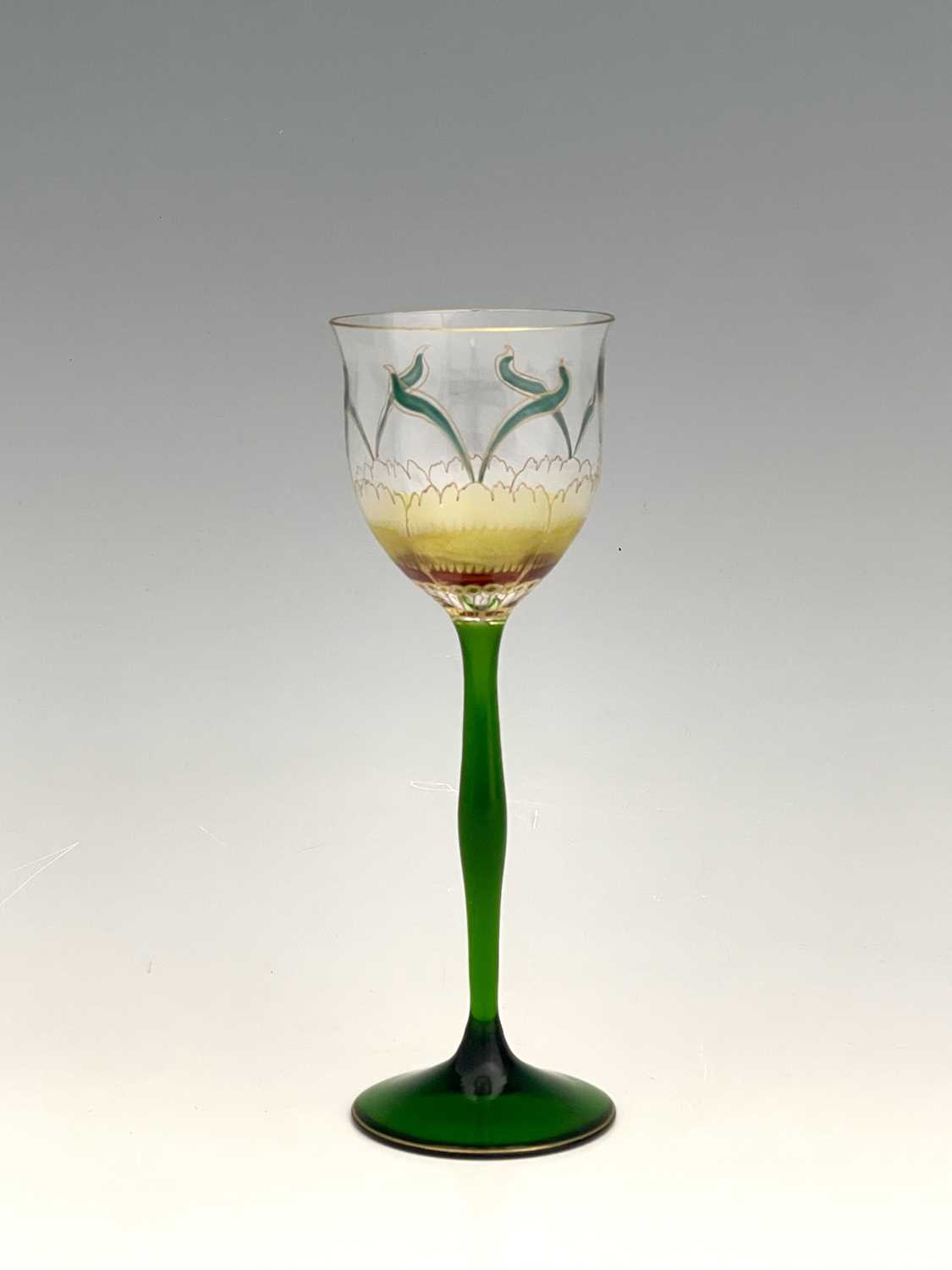 Theresienthal, a Jugendstil enamelled floral wine glass, circa 1900, the optic ribbed ogee tulip