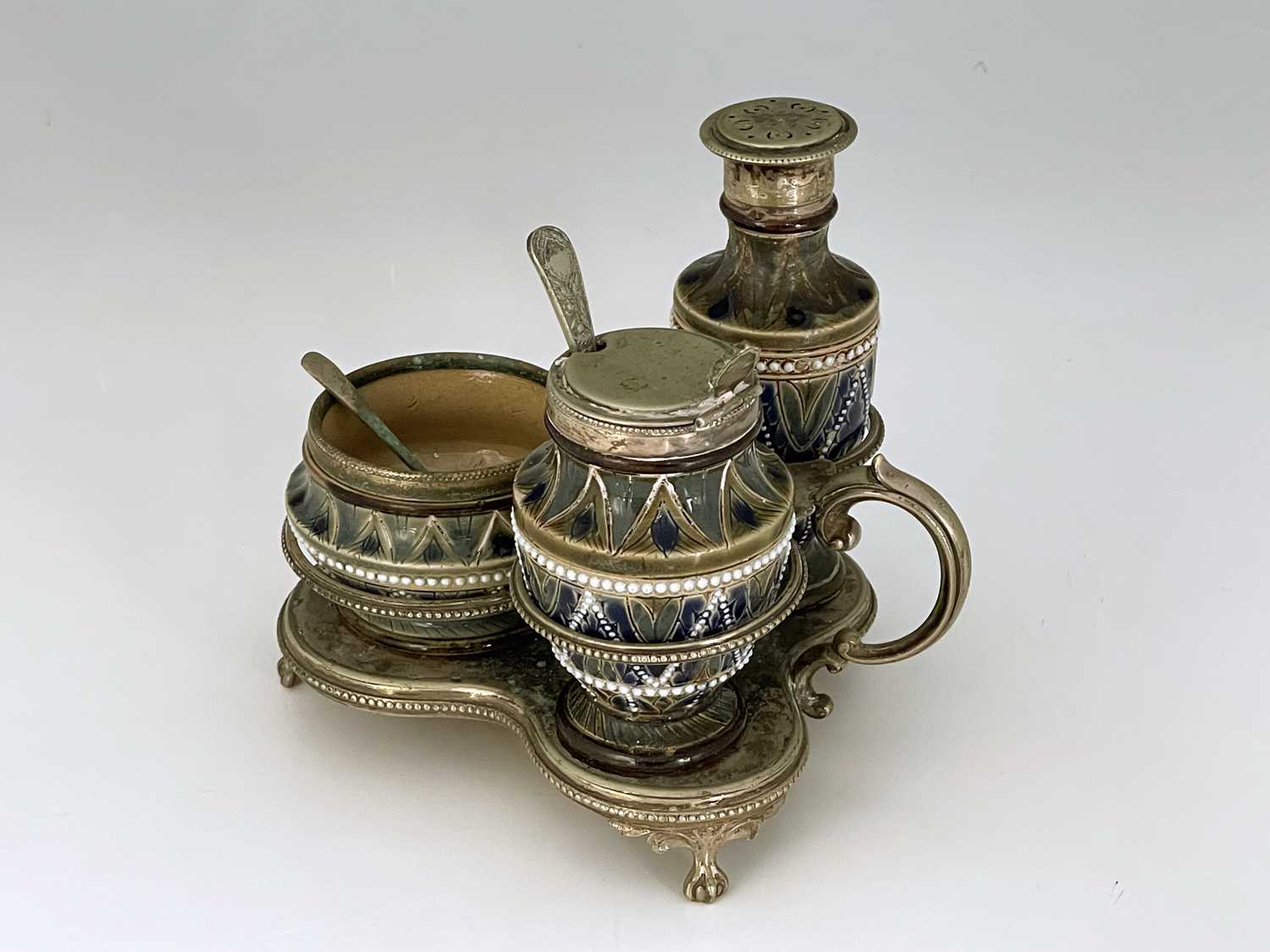 A Doulton Lambeth stoneware three piece cruet in silver plated stand, 1878 ,shouldered form, - Image 6 of 6