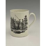 A Worcester black and white transfer printed cylindrical mug, circa 1765, printed with the Whitton