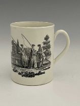 A Worcester black and white transfer printed cylindrical mug, circa 1765, printed with the Whitton