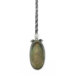 An Arts and Crafts Ruskin silver mounted cabochon pendant, the oval crystalline cabochon within a