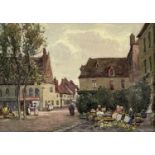 Joseph William Milliken (British, 1865-1945), a Breton street scene with market stalls and women,