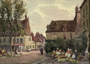 Joseph William Milliken (British, 1865-1945), a Breton street scene with market stalls and women,