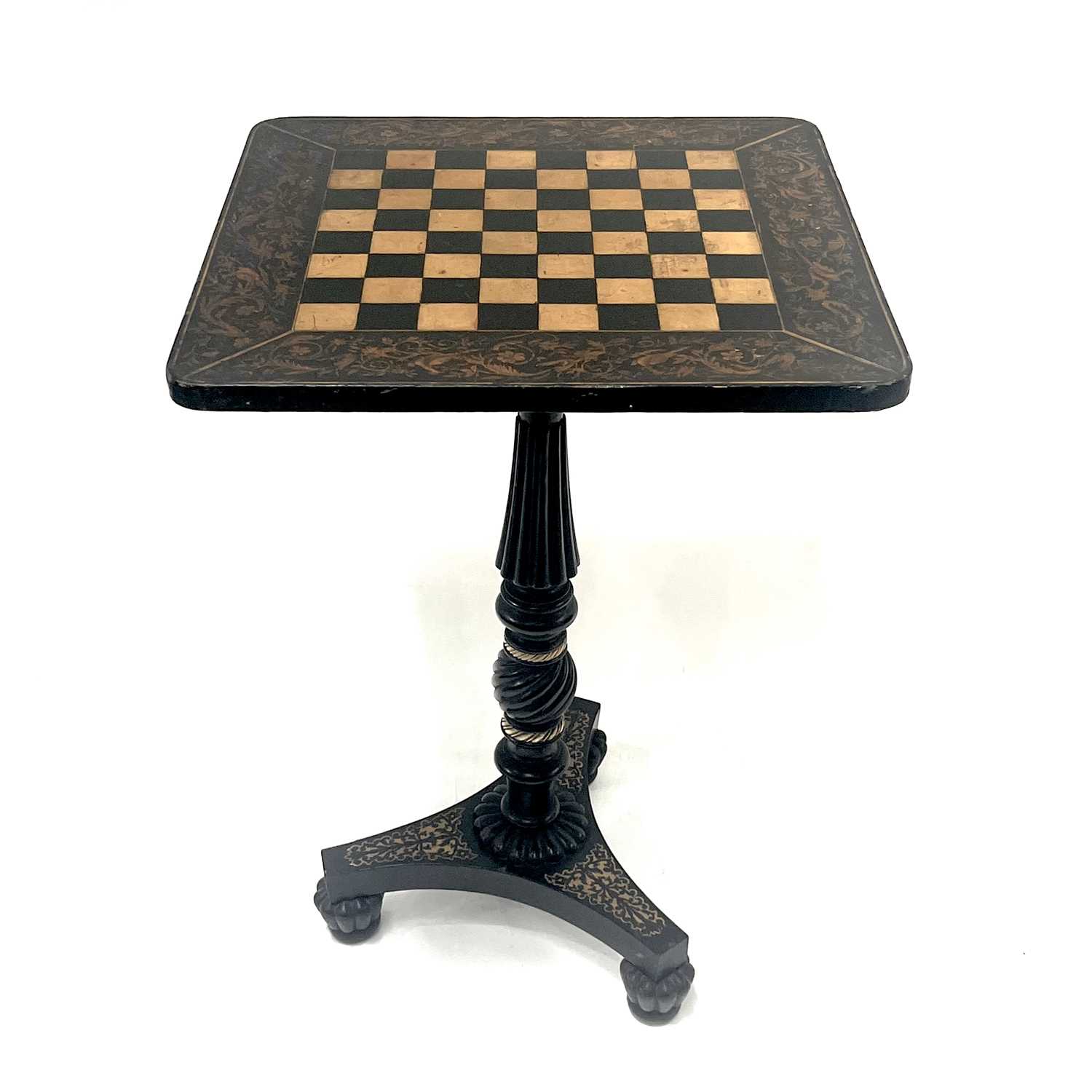 A Chinoiserie black lacquer and penwork games table, mid-19th Century, square tilt-top with chess