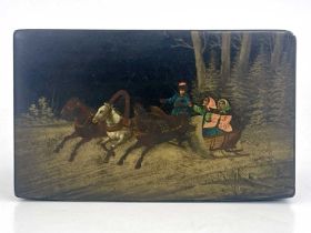 Am Imperial Russian lacquered papier mache tea caddy, Vishniakov, circa 1900, cuboid form, the