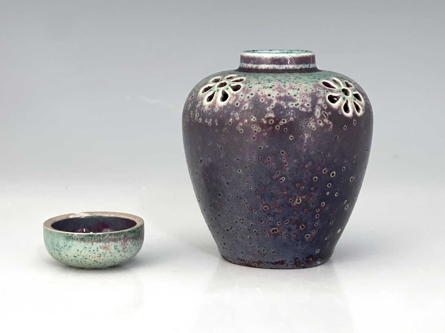 Ruskin Pottery, a small High Fired reticulated ginger jar and cover, circa 1905, pierced with six - Image 6 of 6