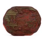 A Chinese cinnabar lacquer box, ogee oval form, the lid carved in relief with a farmyard landscape