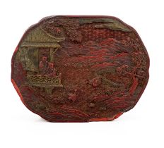 A Chinese cinnabar lacquer box, ogee oval form, the lid carved in relief with a farmyard landscape