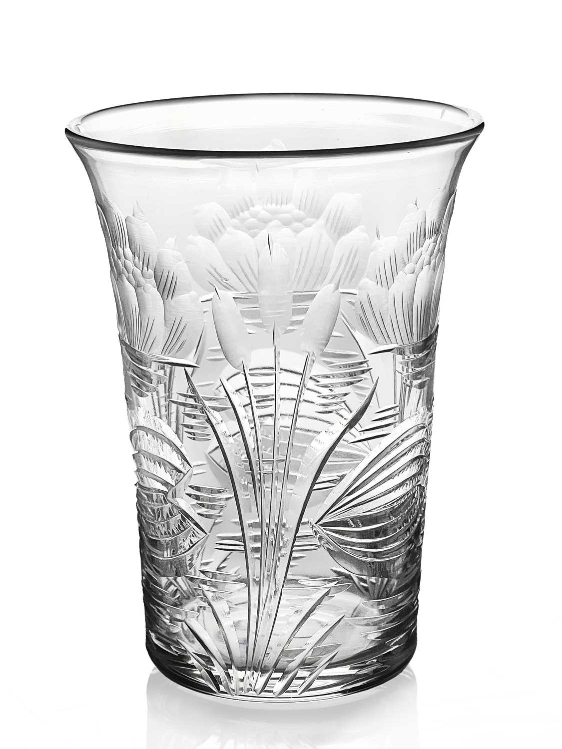 John Walsh Walsh, an Art Deco Waterlily, Iris and Bullrush glass beaker, circa 1925, flared form,