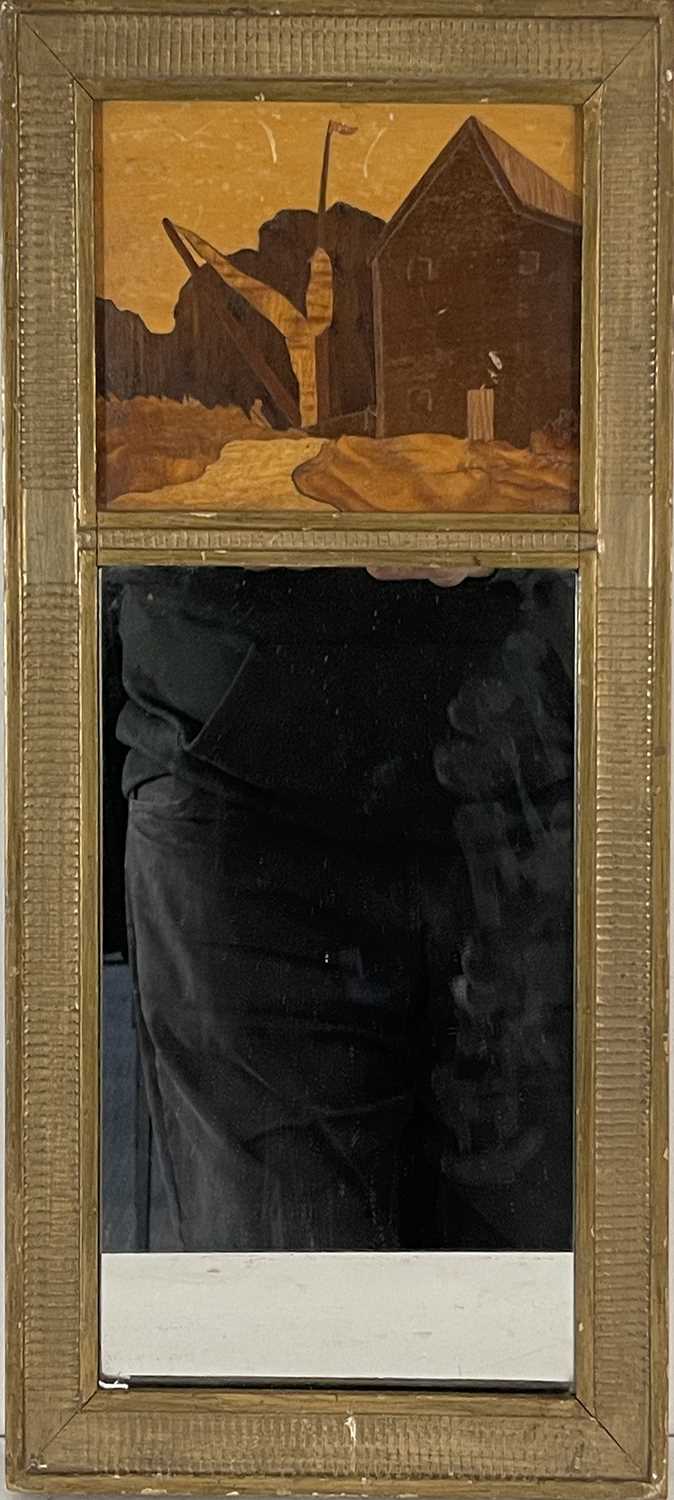 A Rowley Gallery Arts & Crafts pier mirror, the top panel with a specimen marquetry mill scene, gilt