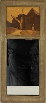 A Rowley Gallery Arts & Crafts pier mirror, the top panel with a specimen marquetry mill scene, gilt