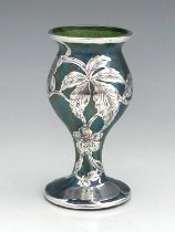Loetz, a Secessionist iridescent silver overlay glass vase, poppy head chalice form, Russian Green