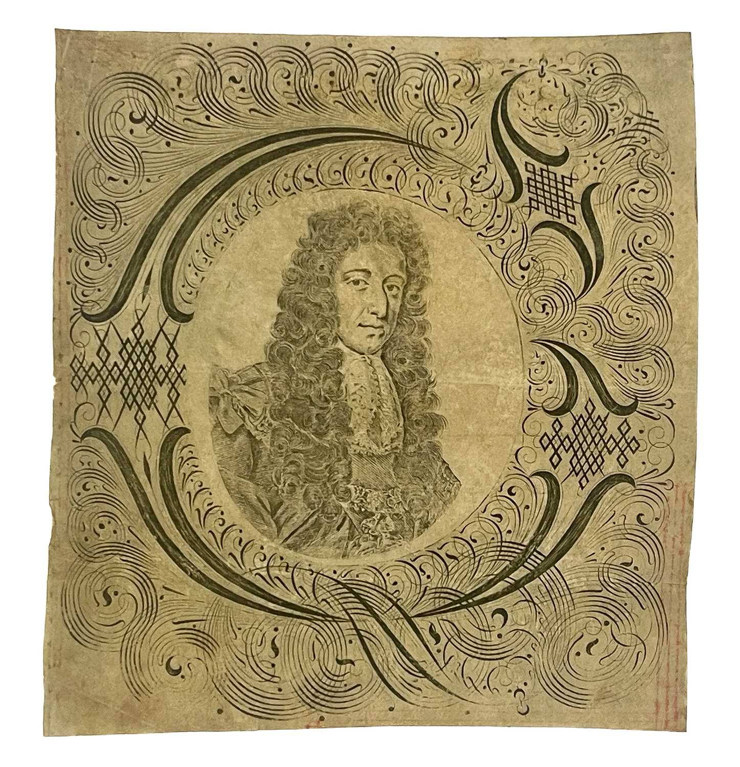 British School, portrait of William III, pen and ink on vellum parchment, bust length oval within