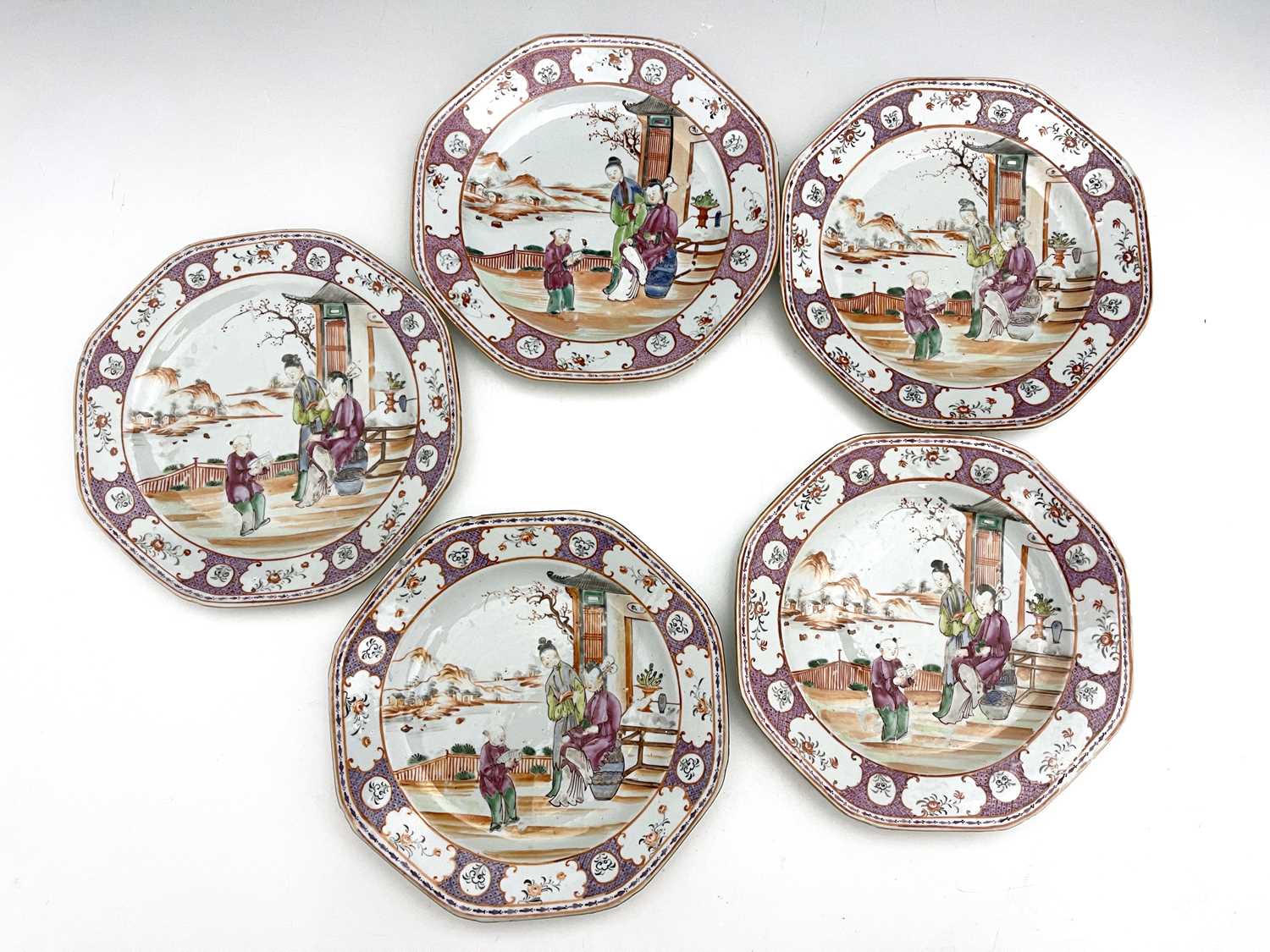 A set of five Chinese famille rose plates, 18th century, octagonal form, painted in the Cantonese