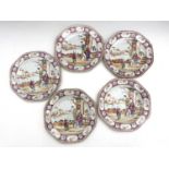 A set of five Chinese famille rose plates, 18th century, octagonal form, painted in the Cantonese