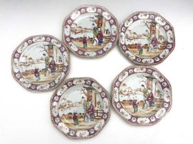 A set of five Chinese famille rose plates, 18th century, octagonal form, painted in the Cantonese