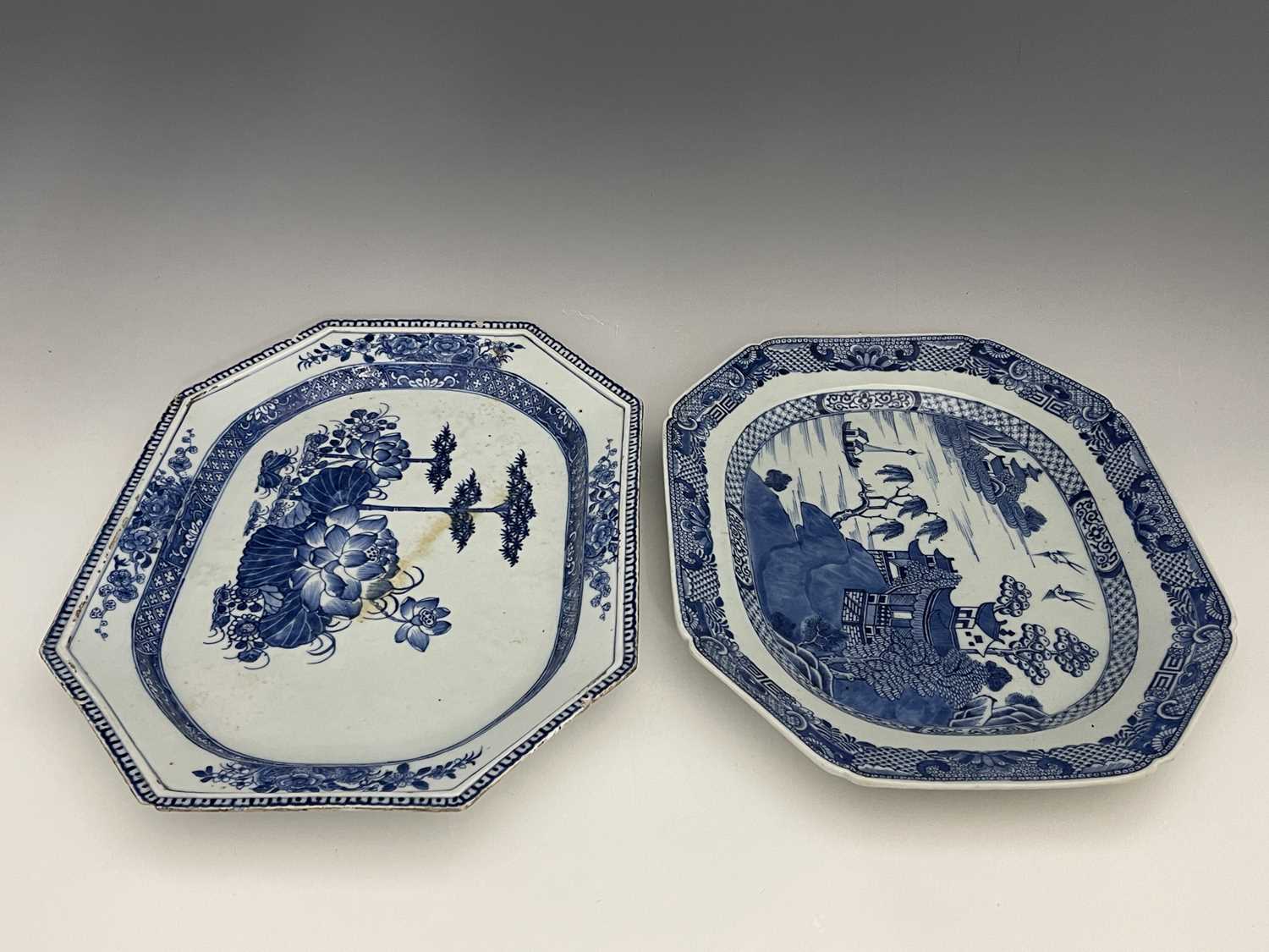 Two Chinese export blue and white platters, each of elongated octagonal form, one with a Willow type - Image 2 of 6
