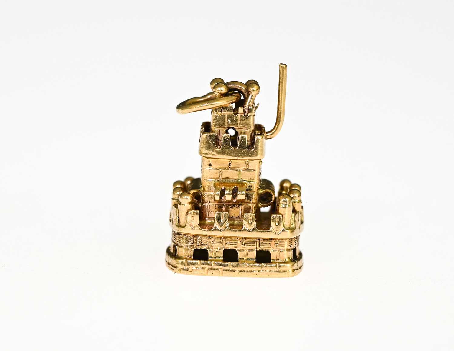 A Portuguese gold charm pendant, modelled as Belem Castle, Lisbon, 2cm long, 5.2g - Image 2 of 4