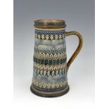A Doulton stoneware lemonade jug, 1882, conical form, relief moulded with bands of repeating foliate