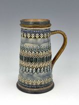 A Doulton stoneware lemonade jug, 1882, conical form, relief moulded with bands of repeating foliate