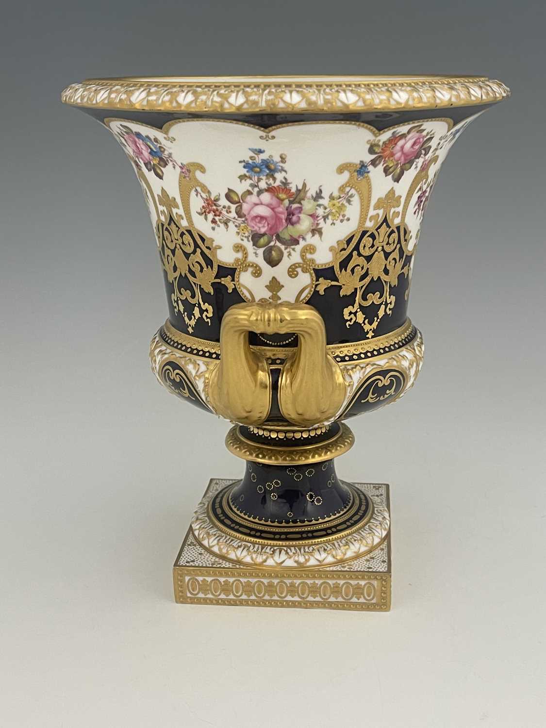 W Mosley for Royal Crown Derby, a floral painted twin handled Campana Urn, 1903, decorated with a - Image 5 of 8