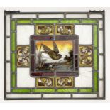 Two Aesthetic Movement leaded glass panels, painted with birds in flight over wetlands, within